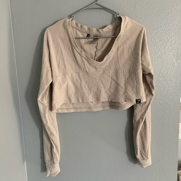 Gymshark Beige Towel Cropped Long Sleeve Shirt - Picture 1 of 6